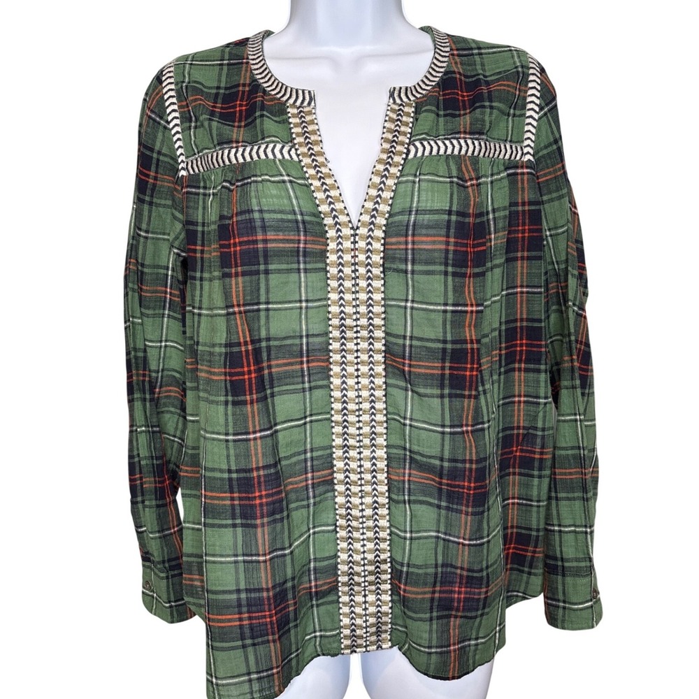 J.Crew Womens‎ Green Plaid Embroidered Top Size 4 Boho Peasant Artistic Casual